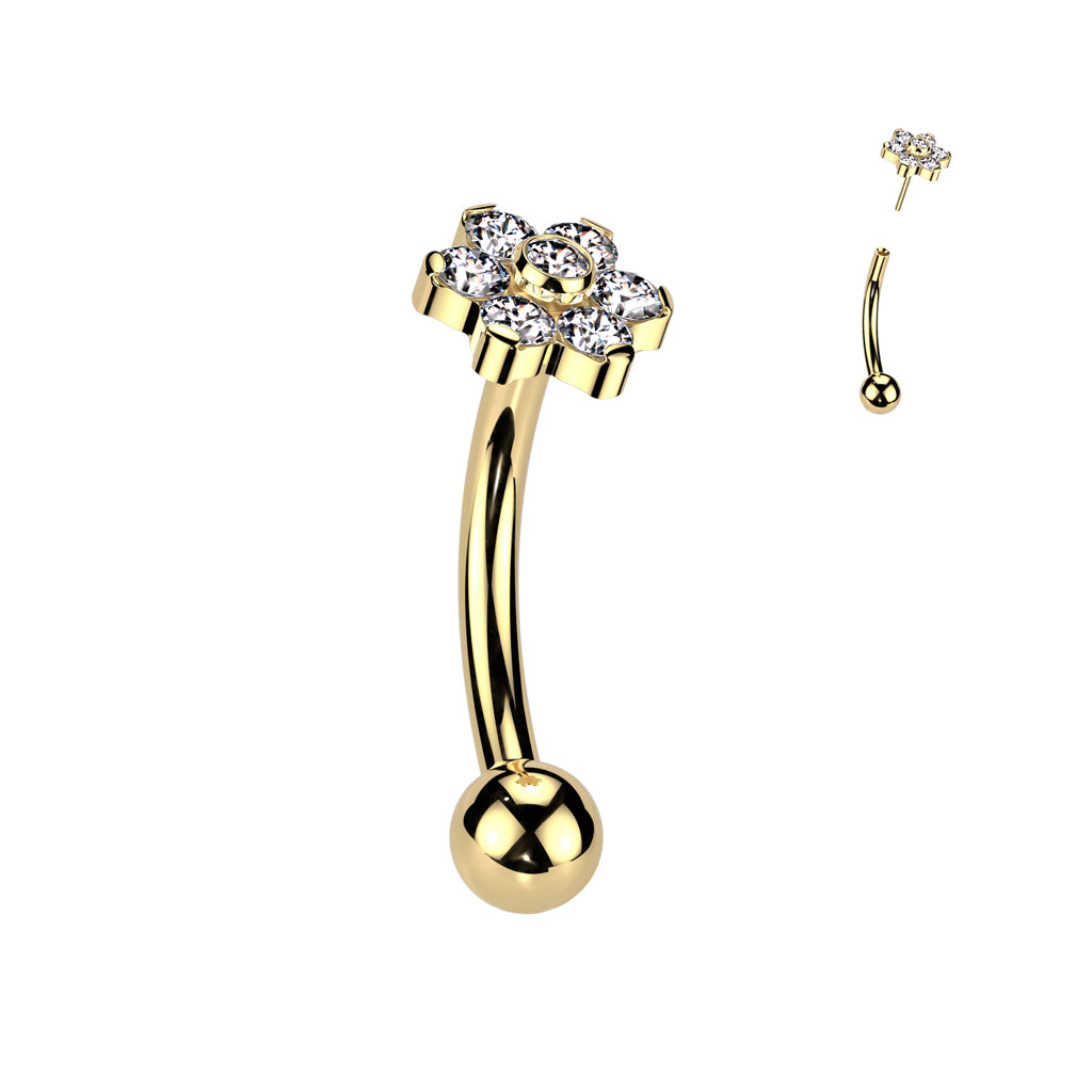 16G Titanium Threadless Push In Curved Barbell (8MM) W/ Flower Top